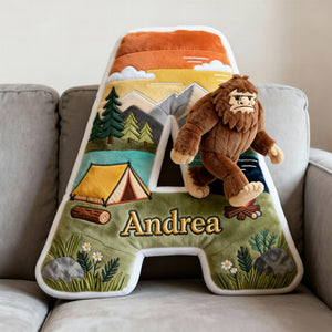 Sasquatch Camping Alphabet Initial Letter Pillow, Personalized Gifts For Camping Lovers & Bigfoot Seekers 02qhqn111225
