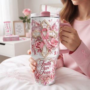God Be With His Pink Fighter 40oz Tumbler With Handle - Personalized Gifts For Breast Cancer Warrior 02QHLU030826