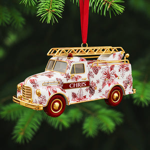 Personalized Gifts For Christmas, Fire Truck Firefighter Toile de Jouy Custom Shape Acrylic Ornament 01pgta031025