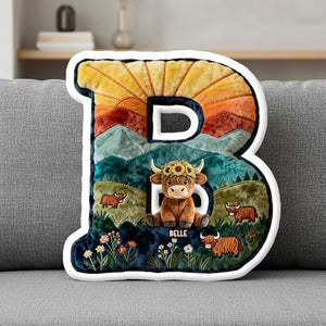 Cute Highland Cow Alphabet Initial Letter Shaped Pillow - Personalized Gifts For Highland Cow Lovers 02qhtn081225
