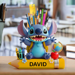 Blue Cartoon Alien Wooden Pen Holder - Personalized Gifts For Kids 02totn240725 - Pen Holder - GoDuckee