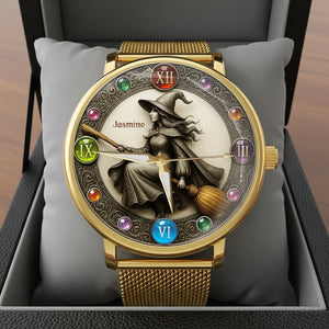 Mystical Witch On Broom Mesh Straps Watch - Personalized Gifts For Witch Lovers 04PGLU190725