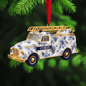 Personalized Gifts For Christmas, Fire Truck Firefighter Toile de Jouy Custom Shape Acrylic Ornament 01pgta031025