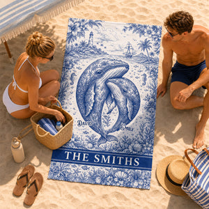 Toile De Jouy Whale Family Beach Towel, Personalized Gift For Family 05qhdh180726