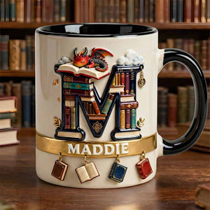 Vintage Book Dragon Alphabet Initial Letter Accent Mug, Personalized Gifts For Book Lovers 02qhdt231225