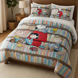 Cute Characters In Library Quilt Bed Set, Personalized Gifts For Book Lovers 04qhmg170725