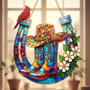 Cowboy Boots & Horseshoe Suncatcher Ornament Personalized Gifts For Horse Lovers 06OHDT191225