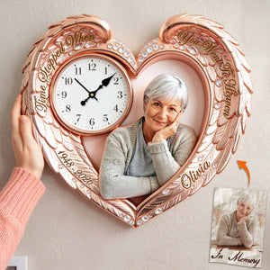 Memorial Heart Wings Clock - Custom Photo Gifts For Heaven Acrylic Hanging Wall Clock 02NATA250326-Homacus