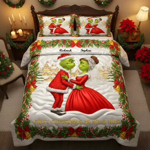 Green Monster Couple Christmas Quilt Bedding Set - Personalized Gifts For Couples 07PAQN041125