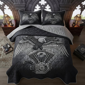 Edgy & Bold Motorcycle Engine Quilt Bed Set, Personalized Gifts For Biker 02qhlu150725