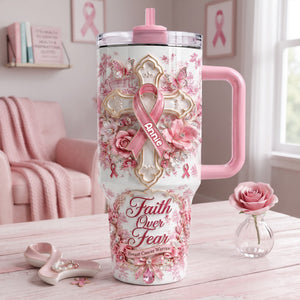 God Be With His Pink Fighter 40oz Tumbler With Handle - Personalized Gifts For Breast Cancer Warrior 02QHLU030826