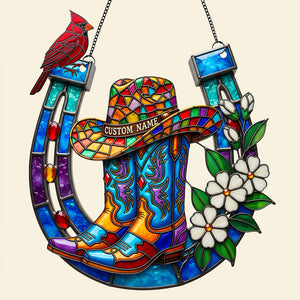 Cowboy Boots & Horseshoe Suncatcher Ornament Personalized Gifts For Horse Lovers 06OHDT191225