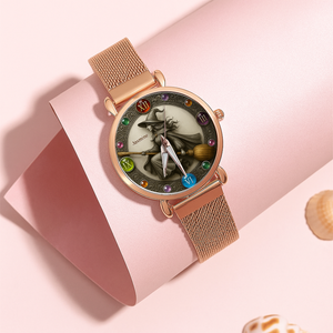 Mystical Witch On Broom Mesh Straps Watch - Personalized Gifts For Witch Lovers 04PGLU190725