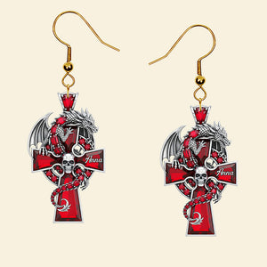 Gothic Guardian Dragon On Cross Earrings - Personalized Gifts For Fantasy Altar Drake Dragon Lovers 01qhqn010825