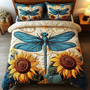 Blue Sunflower Dragonfly 3-Piece Quilted Bedding Set NCU0NT3744