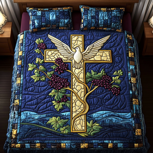 Blue Vine Cross 3-Piece Quilted Bedding Set NCU0NT3292