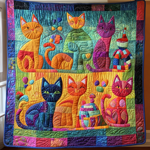 Colorful Cat And Yarns Quilted Blanket NCU0PD589