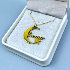 Personalized Name Necklace - Crescent Moon & Star Charm 34-Homacus