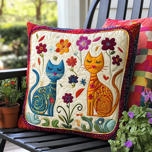 Playful Floral Cats Quilted Pillow Case NCU0PD612