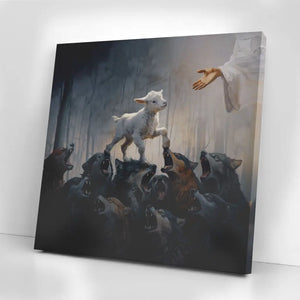 A Lost Lamb Walking Over Wolves To Get To Jesus Wall Art Canvas Print 05acxd260425