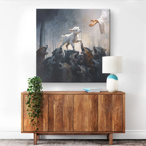 A Lost Lamb Walking Over Wolves To Get To Jesus Wall Art Canvas Print 05acxd260425