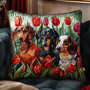 Regal Dachshunds and Red Tulips Quilted Pillow Case NCU0TL122