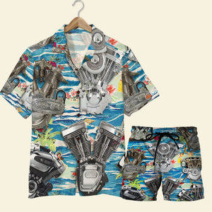 Biker Hawaiian Shirt and Men Beach Shorts, Seamless Motorcycle Engine Pattern - Hawaiian Shirts - GoDuckee
