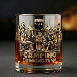 Fun Camping Drinking Team Round Glass, Personalized Gifts For Camping Lover & Bigfoot Seeker 03QHTI181225-Homacus
