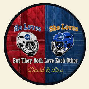 He Loves, She Loves Ice Hockey Round Mat - Personalized Gifts