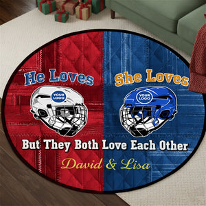 He Loves, She Loves Ice Hockey Round Mat - Personalized Gifts