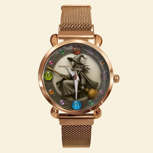 Mystical Witch On Broom Mesh Straps Watch - Personalized Gifts For Witch Lovers 04PGLU190725