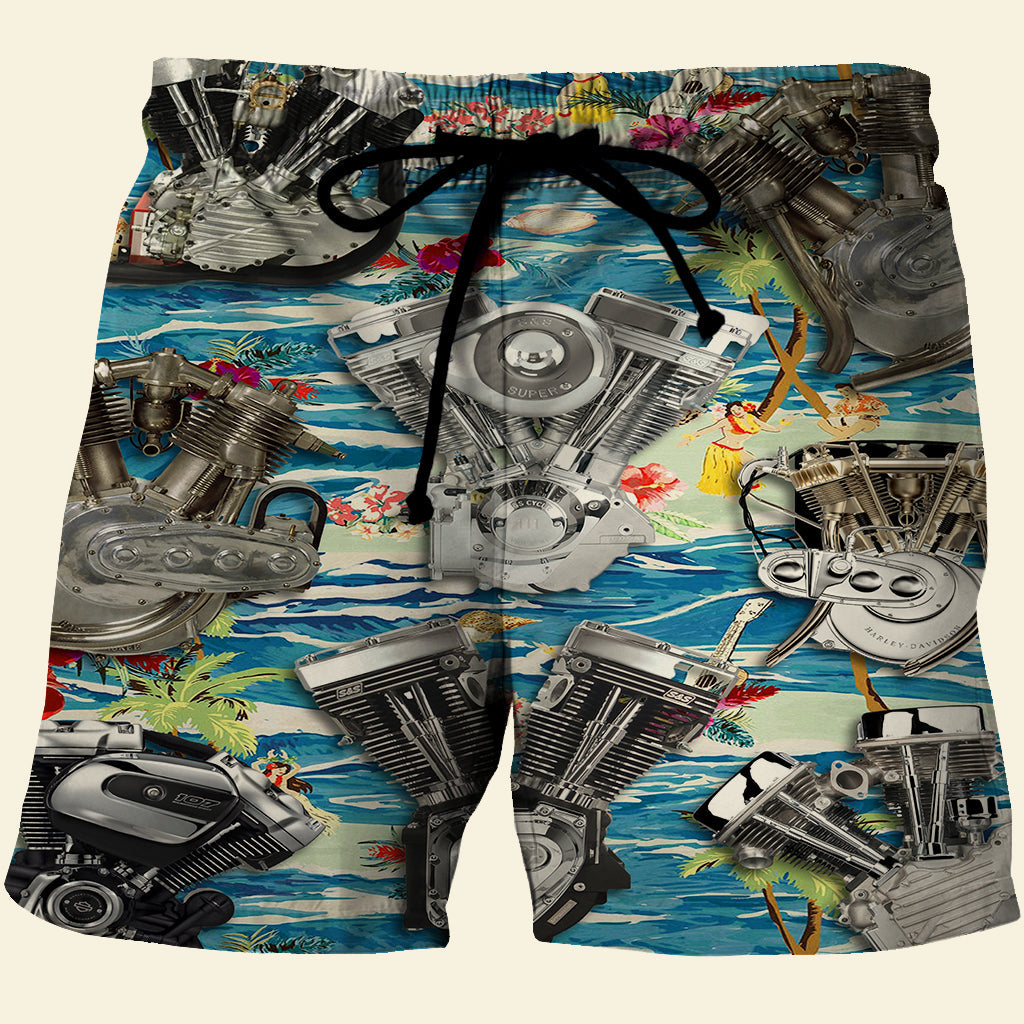 Biker Hawaiian Shirt and Men Beach Shorts, Seamless Motorcycle Engine Pattern - Hawaiian Shirts - GoDuckee