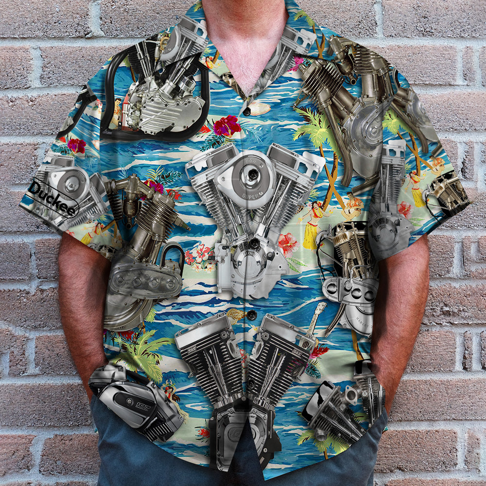 Biker Hawaiian Shirt and Men Beach Shorts, Seamless Motorcycle Engine Pattern - Hawaiian Shirts - GoDuckee