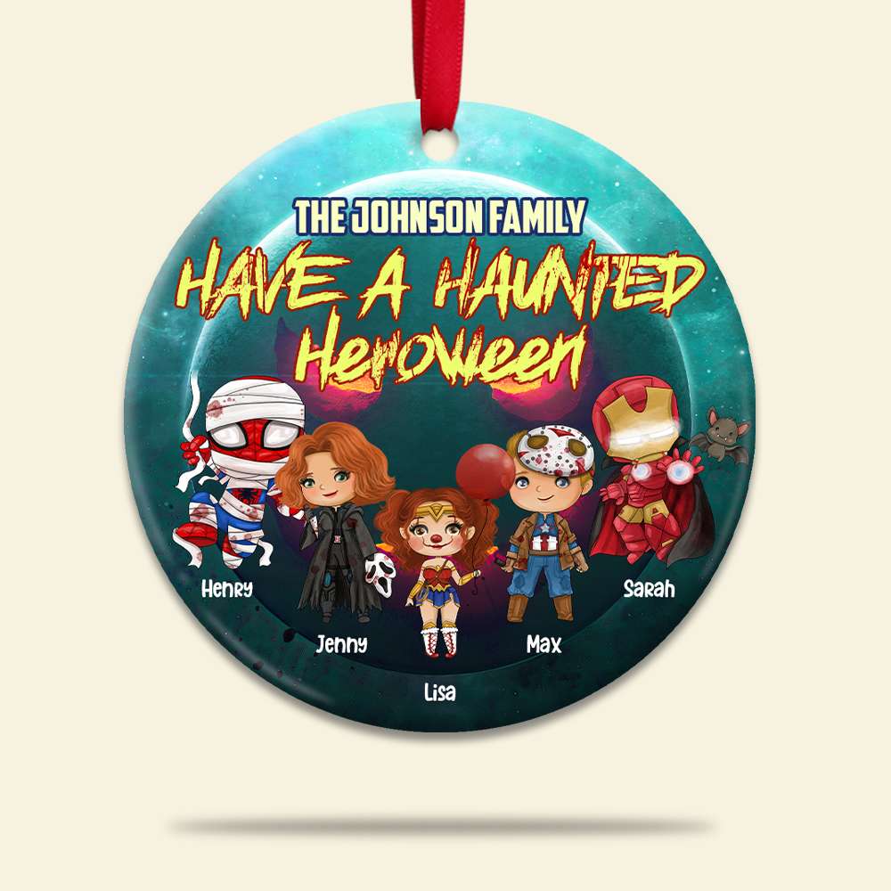 Have A Haunted Heroween, Personalized Halloween Family Hero Round Ornament, Christmas Tree Decor - Ornament - GoDuckee