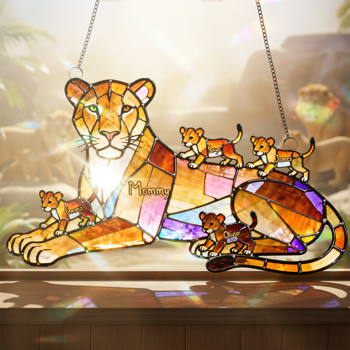 Lion Mom And Kids Suncatcher  - Personalized Gifts For Mother's Day Suncatcher Ornament 03OHTA240226