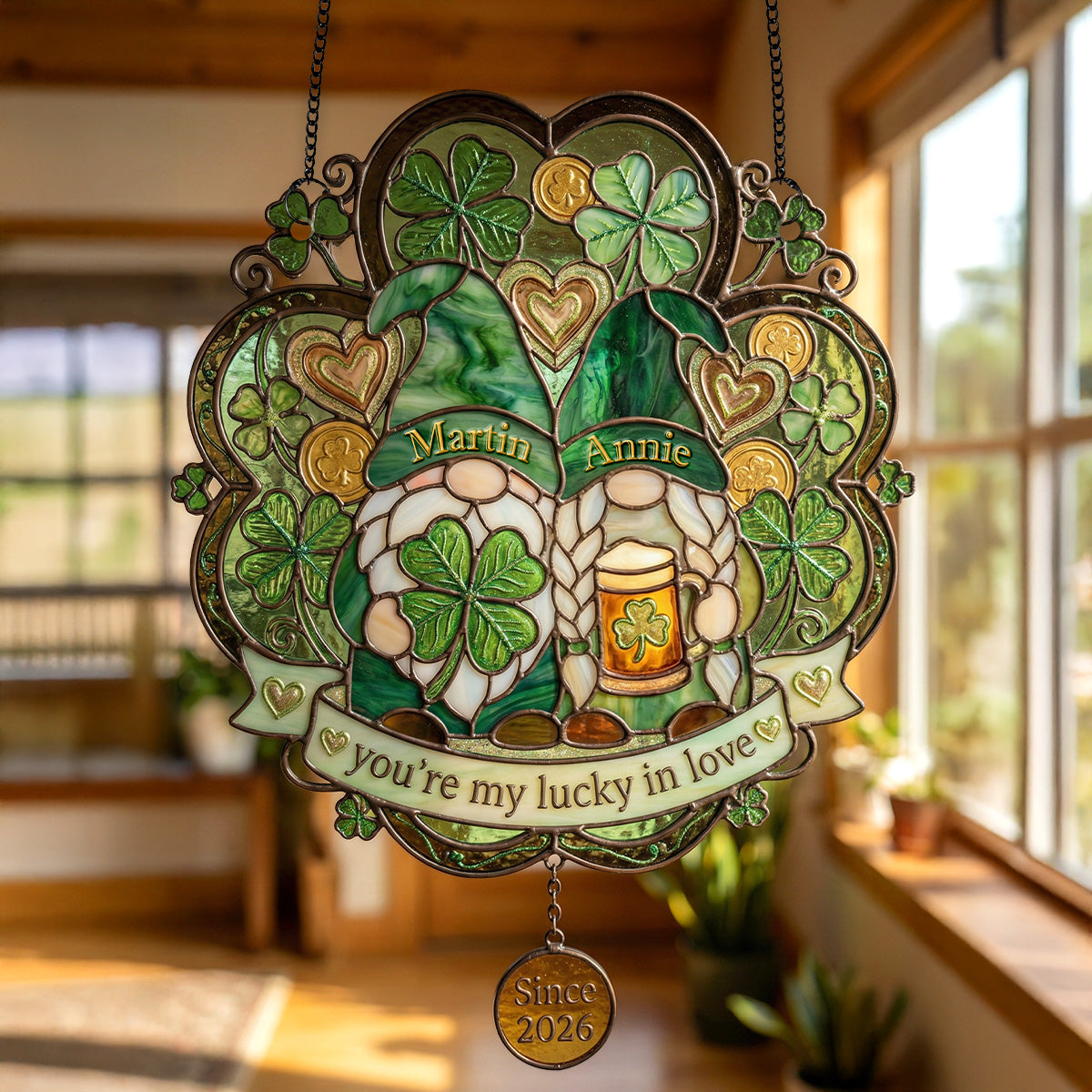 Lucky In Love - Personalized Gifts For Couple Suncatcher Ornament 04PAMG100226