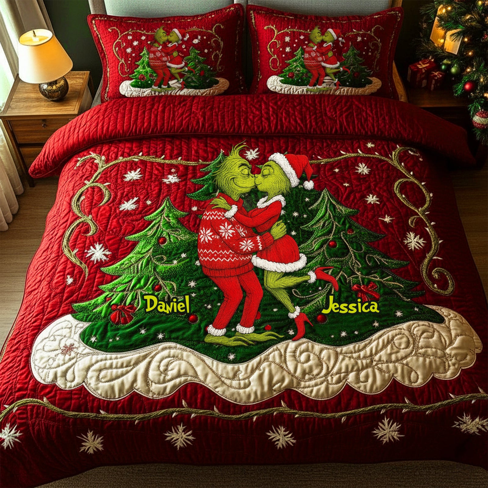 Festive Couple Kiss Quilt Set Special Line - Personalized Christmas Gift For Couples 02NALU080925