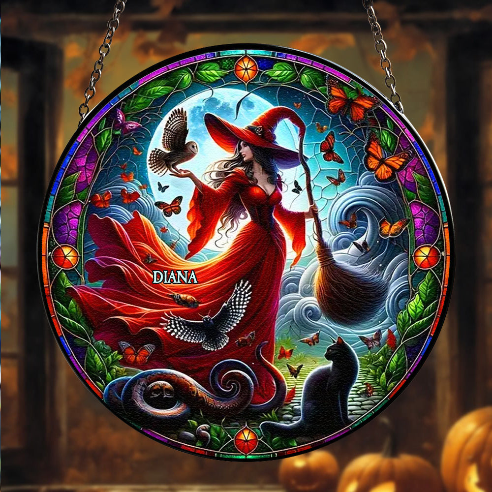 Personalized Gifts For Witch Lover Round Stained Glass Suncatcher Halloween 01XQTN270824 - Ornament - GoDuckee