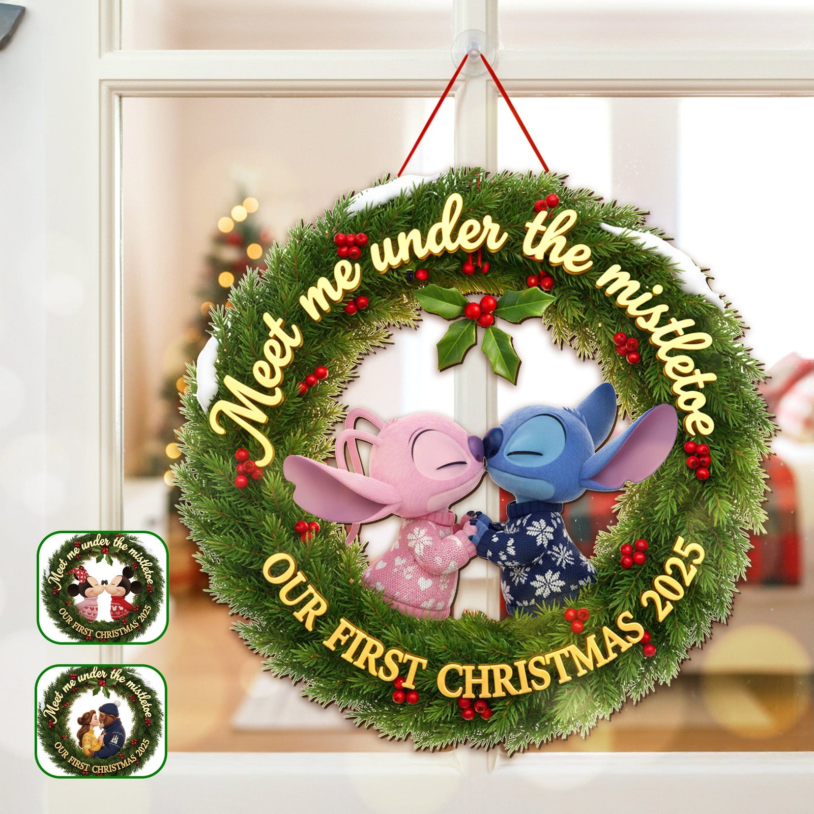 Kissing Couple Laurel Wreath Wood Sign - Personalized Gift For Couple Christmas Wood Sign 04HYMG091025