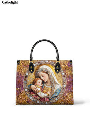 Catholight  Divine Madonna and Child Leather Handbag - Elegant Religious Artwork