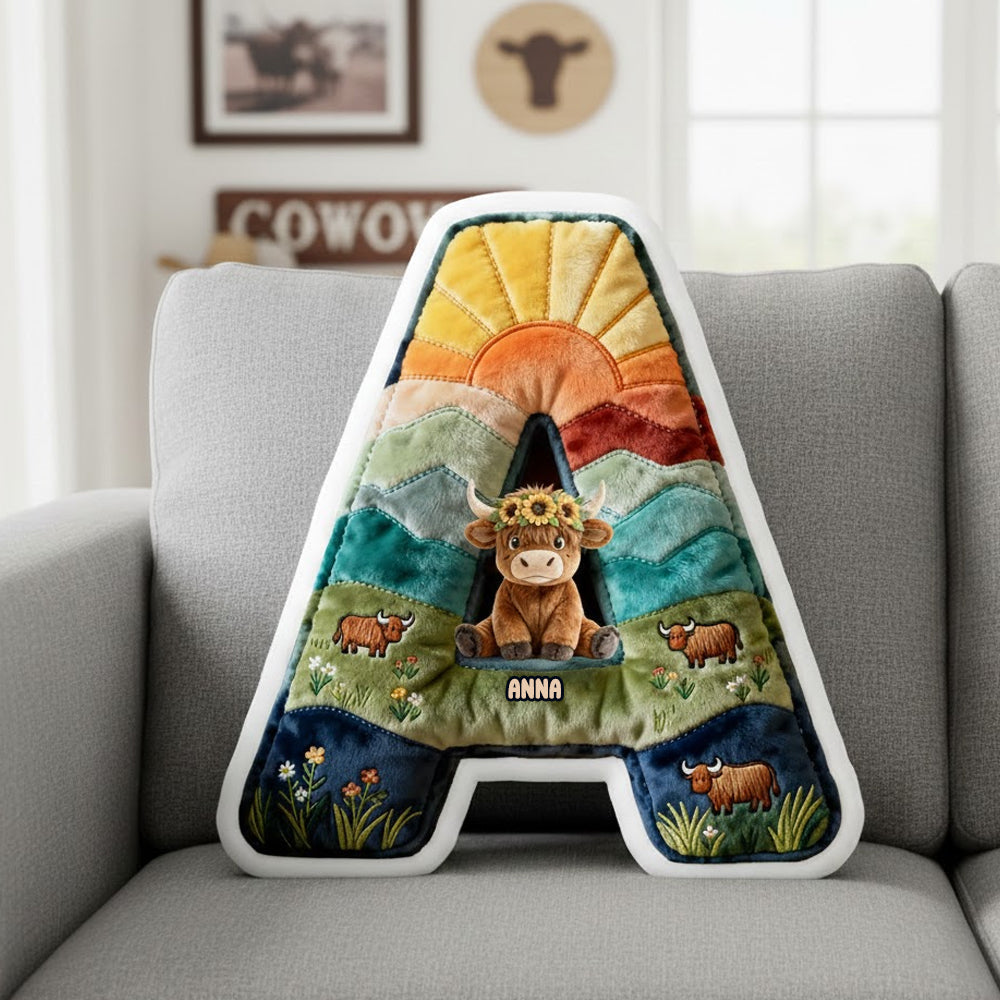 Cute Highland Cow Alphabet Initial Letter Shaped Pillow - Personalized Gifts For Highland Cow Lovers 02qhtn081225