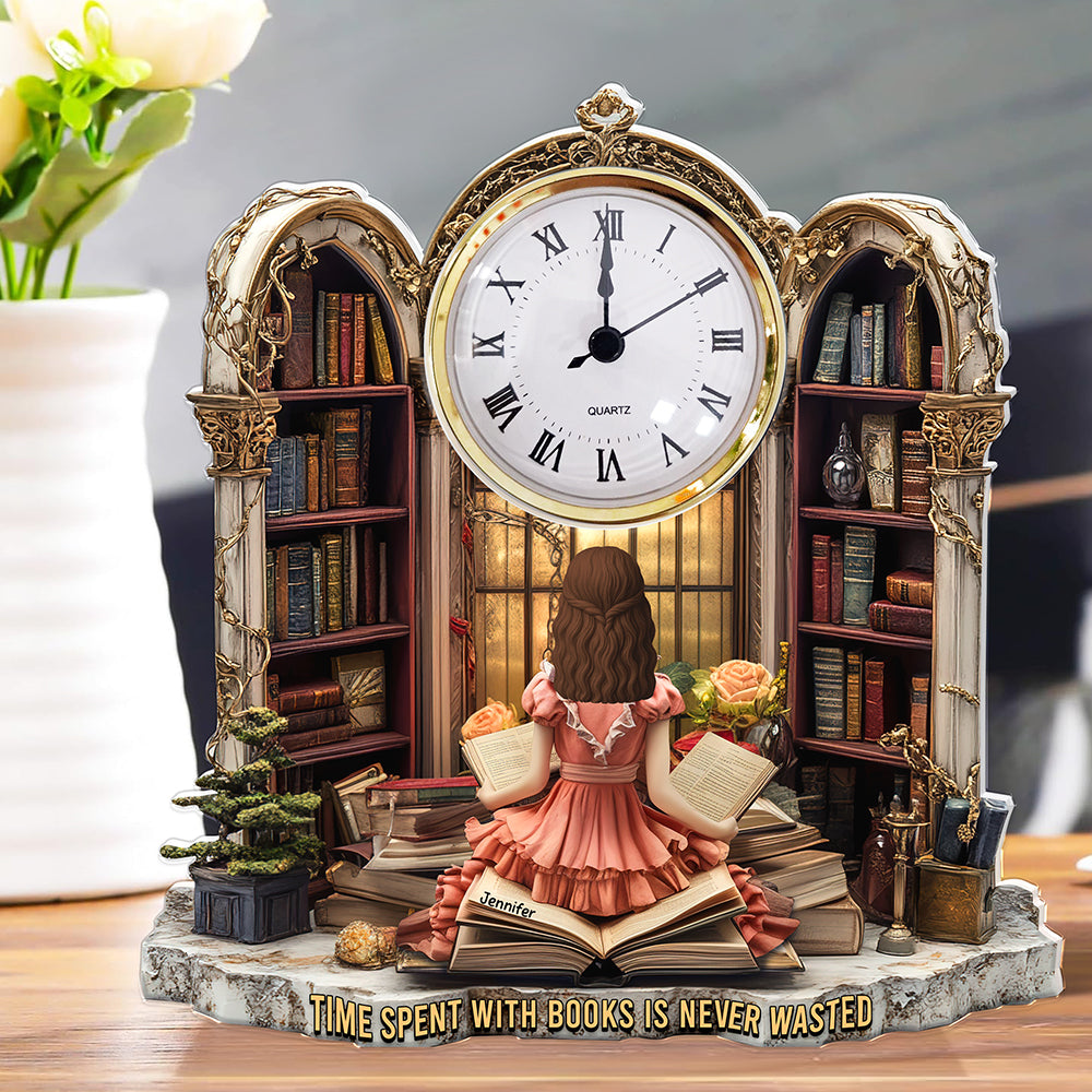 Girl Holding Books Desk Clock Plaque Personalized Gifts for Book Lovers 05TGQN230525-Homacus