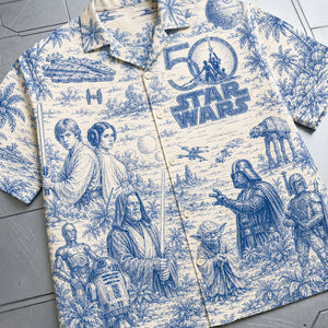 Warriors Celebrate 50th Anniversary Toile De Jouy Hawaiian Shirt - Personalized Gifts 02nata170626