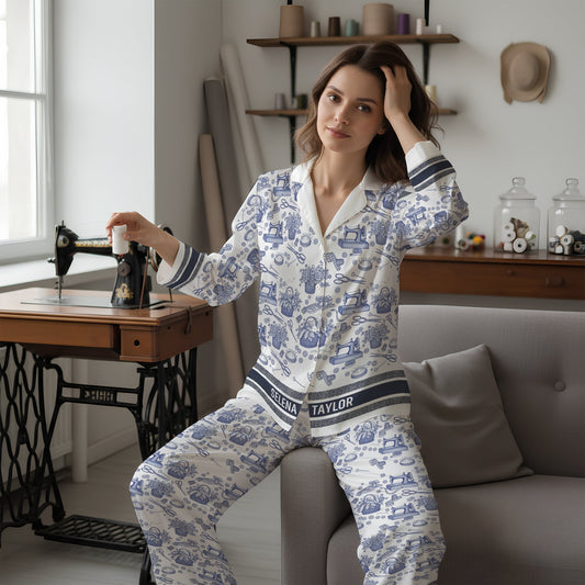 Sewing Toile de Jouy Button Up Pajama Set - Personalized Gift For Sewing Lover Christmas Pajama 06PGLU250925
