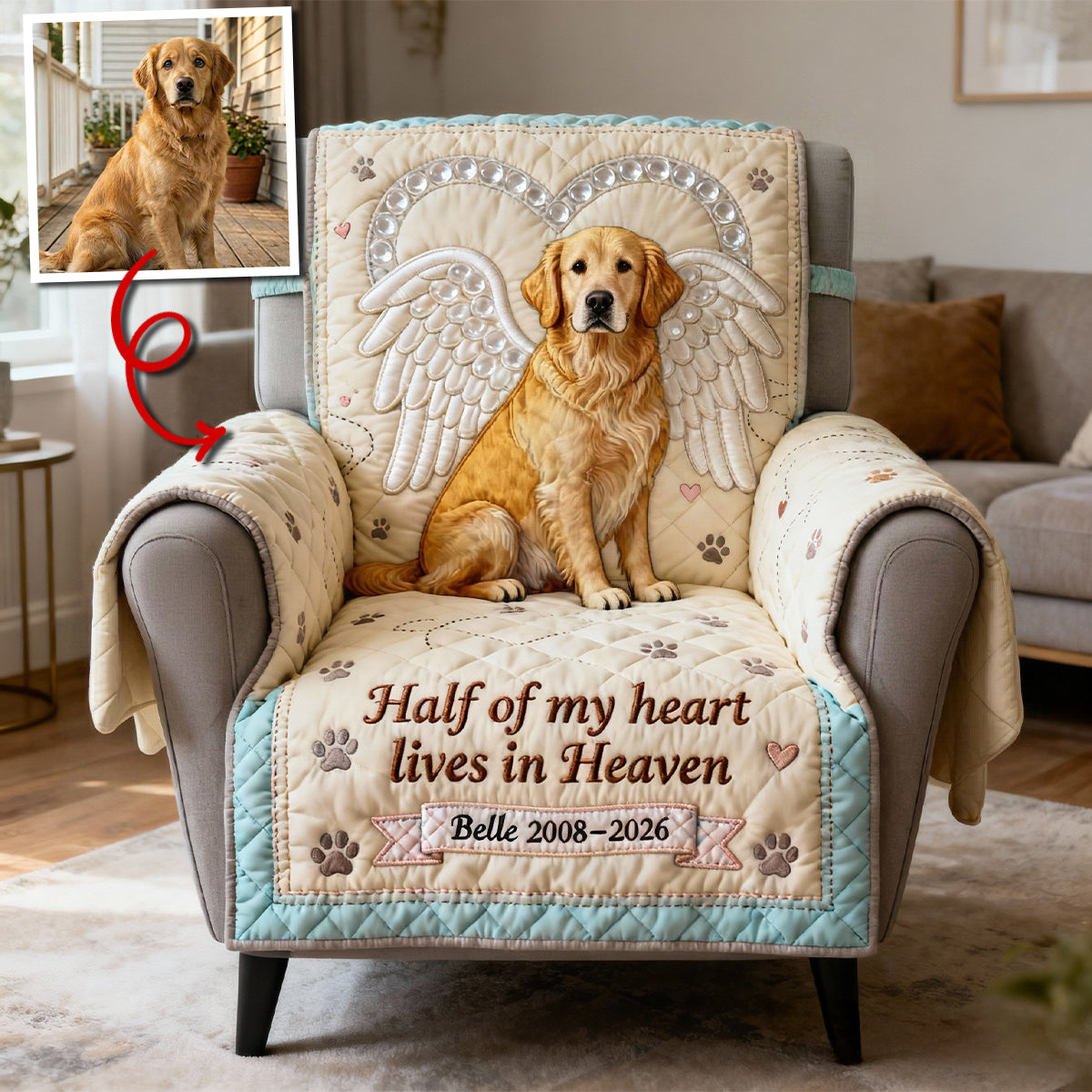 Dog Cat In Heaven Quilted Armchair Cover, Personalized Keepsake to Remember Departed Pet 05qhtn270126