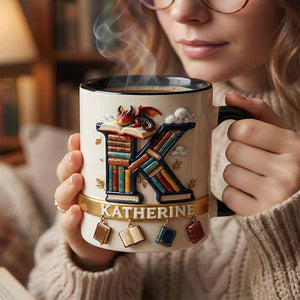 Vintage Book Dragon Alphabet Initial Letter Accent Mug, Personalized Gifts For Book Lovers 02qhdt231225