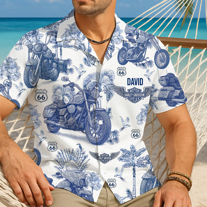 Vintage Toile Blue Motorcycle Pattern Hawaiian Shirt - Personalized Gifts For Biker 02QHLU130625