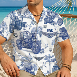Vintage Toile Blue Motorcycle Pattern Hawaiian Shirt - Personalized Gifts For Biker 02QHLU130625