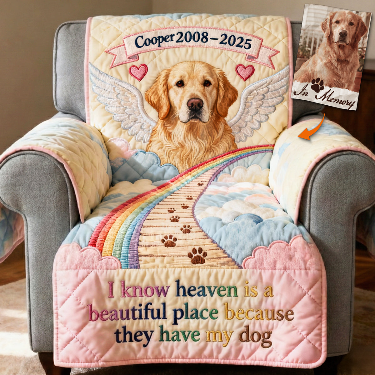 Pet At Rainbow Bridge Quilted Armchair Cover, Personalized Keepsake To Remeber Departed Dog & Cat 03qhta270126
