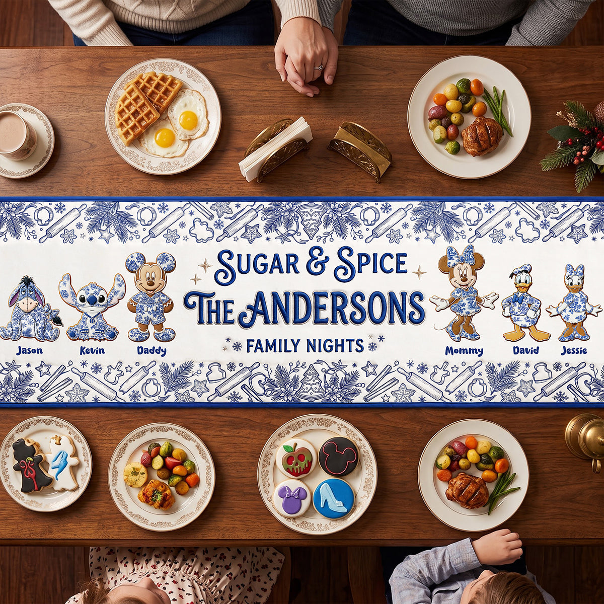 Family Gingerbread Toile de Jouy Blue Floral Quilted Table Runner - Personalized Gifts For Family 04pgta260826
